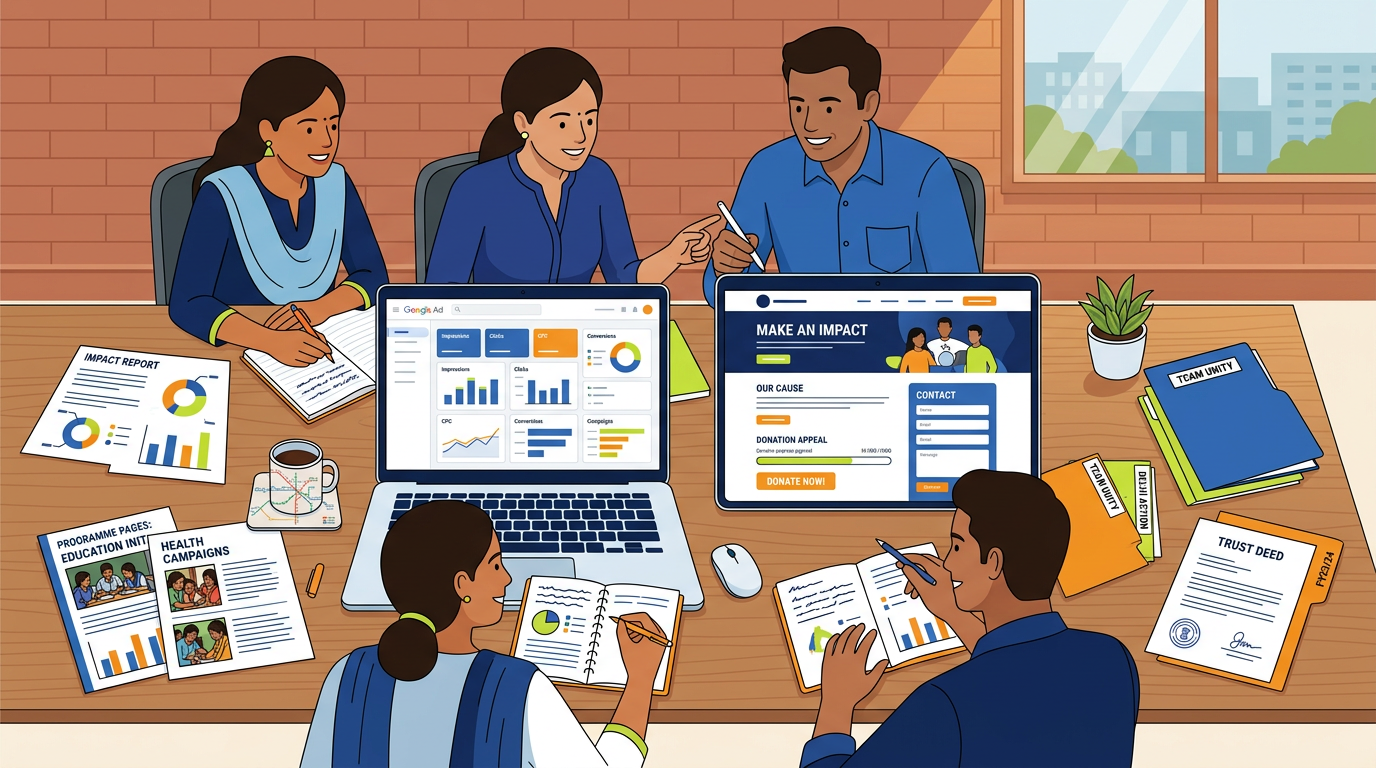 Indian nonprofit team reviewing Google Ads grant website and campaign dashboard